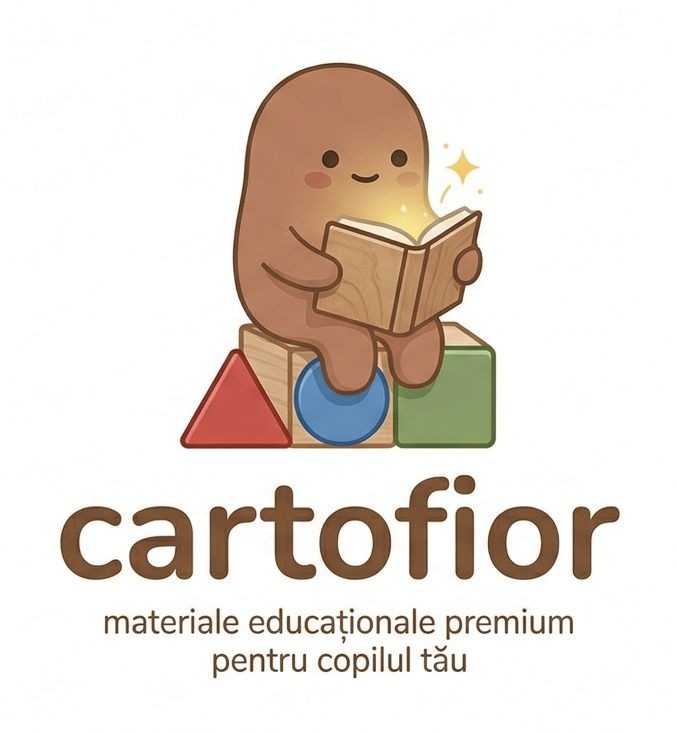 Ilustrație cartofior: personaj prietenos cu carte și cuburi colorate